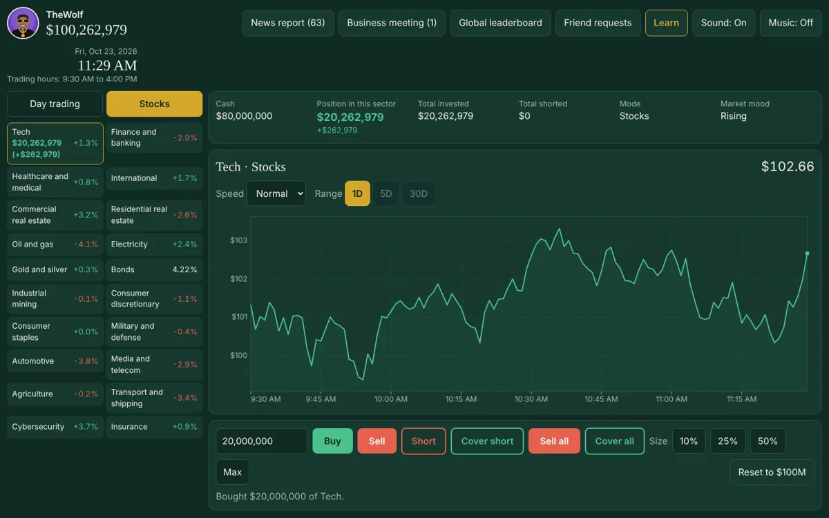 Stocks view with a line chart and a position in tech